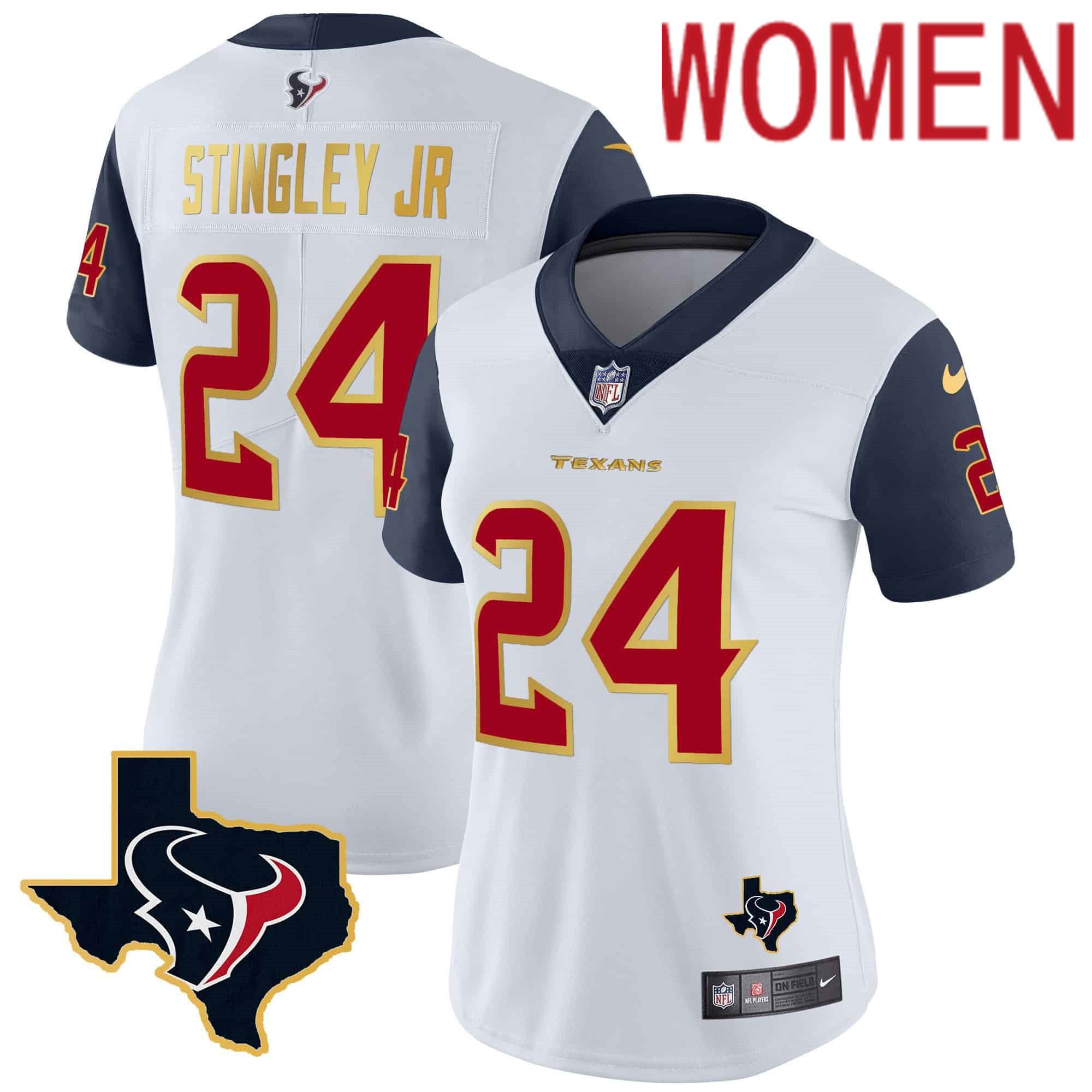 Women Houston Texans #24 Stingley jr White Gold 2024 Nike Trim Vapor NFL Jersey style 1->women nfl jersey->Women Jersey